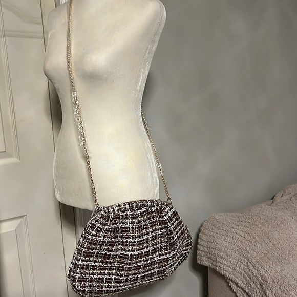 Urban expansions plaid herringbone bone mettalic thread knit bag clutch new - Picture 8 of 15